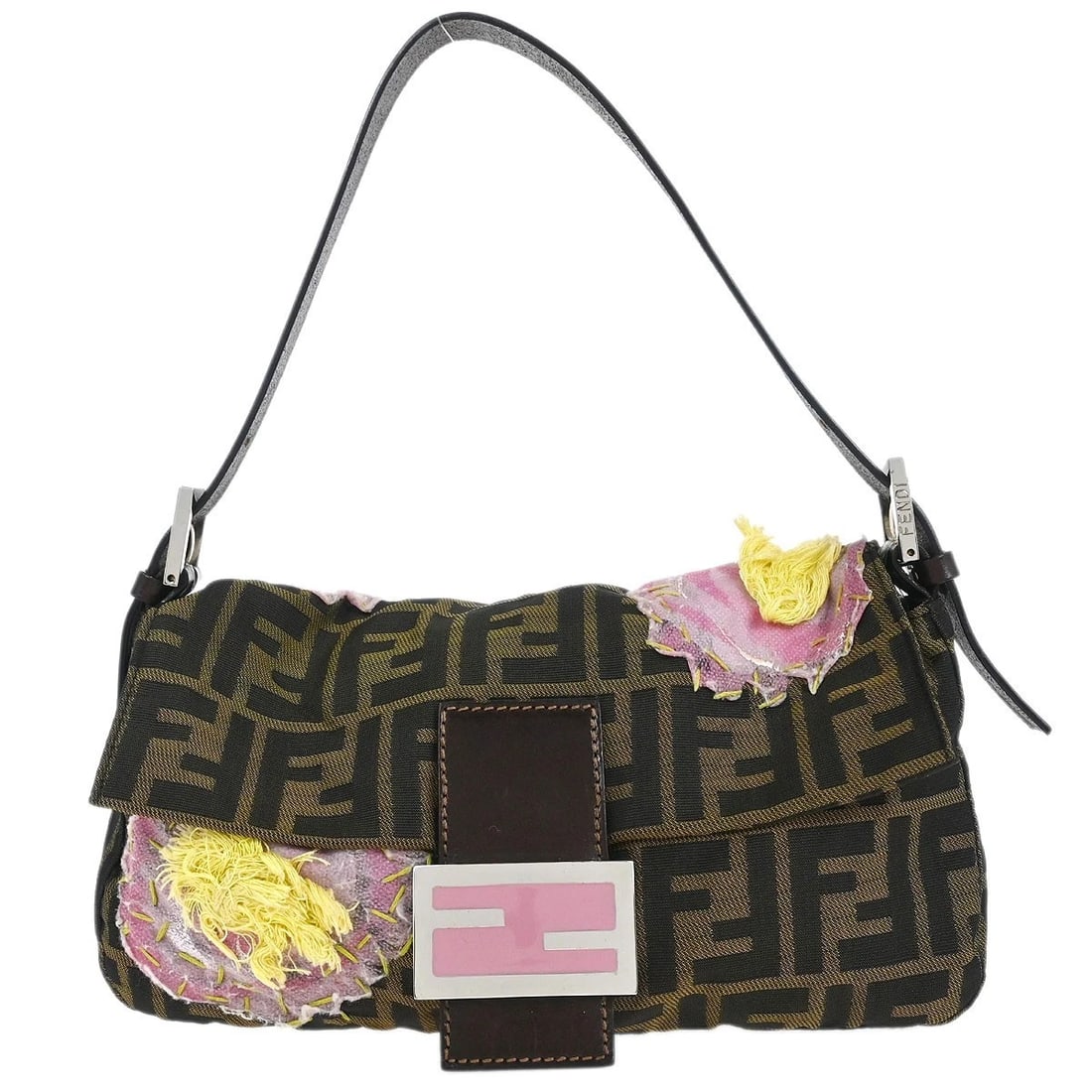 FENDI BROWN ZUCCA FLORAL EMBROIDERED BAGUETTE HANDBAG: Fendi Brown Zucca Floral Embroidered Baguette Handbag Brand: Fendi Type: Hand Bag Material/Exterior Material: Canvas, Leather Color/Exterior Color: Brown, Black Size: W 9.8 x H 5.5 x D 1.6 "