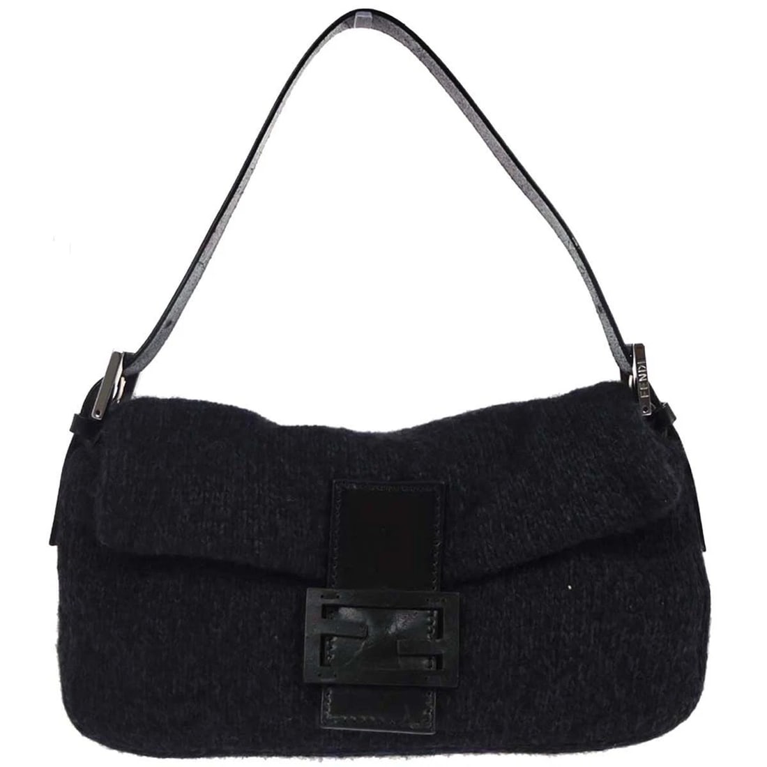 FENDI BLACK WOOL BAGUETTE HANDBAG: Fendi Black Wool Baguette Handbag Brand: Fendi Type: Hand Bag Material/Exterior Material: Wool Color/Exterior Color: Black Size: W 9.8 x H 5.1 x D 1.6 " Handle Drop. 4.3 - 6.7 " Accessories: