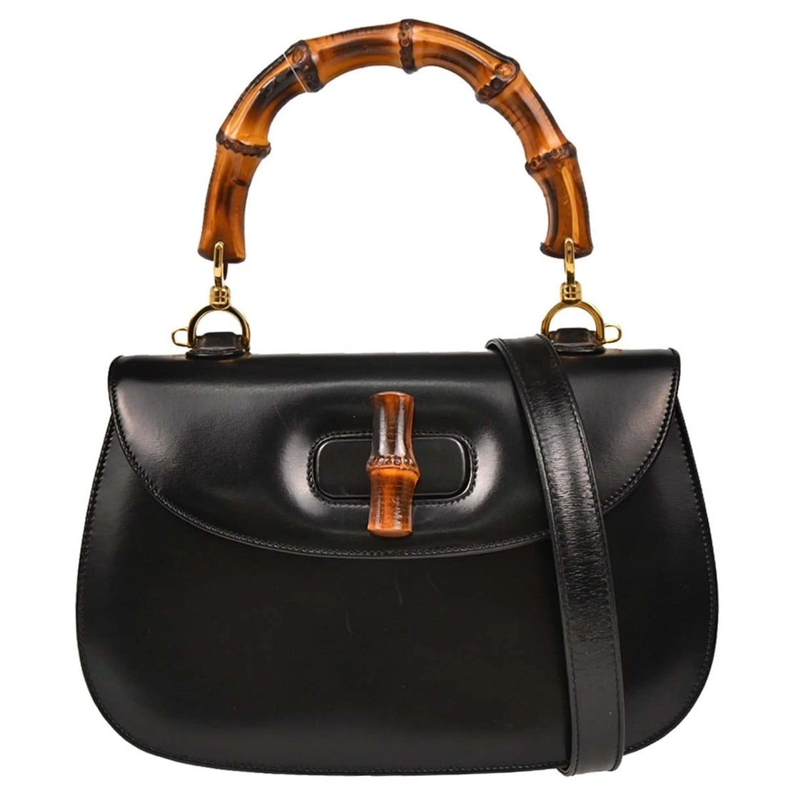 GUCCI BLACK BAMBOO 2WAY HANDBAG: Gucci Black Bamboo 2way Handbag Brand: Gucci Type: Top Handle Bag Material/Exterior Material: Leather, Bamboo Color/Exterior Color: Black Size: W 10.6 x H 7.1 x D 3.1 " Handle Drop. 4.7 " Strap Dr