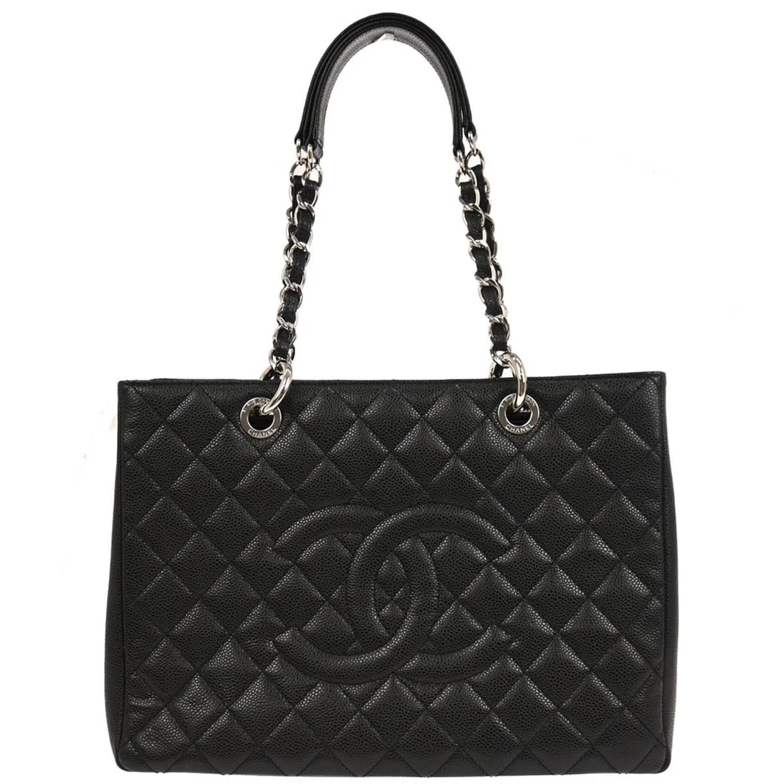 CHANEL BLACK CALFSKIN GRAND SHOPPING TOTE CHAIN HANDBAG: Chanel Black Calfskin Grand Shopping Tote Chain Handbag Brand: CHANEL Type: Tote Material/Exterior Material: Caviar skin leather Color/Exterior Color: Black Size: W 13.4 x H 9.8 x D 5.1 "