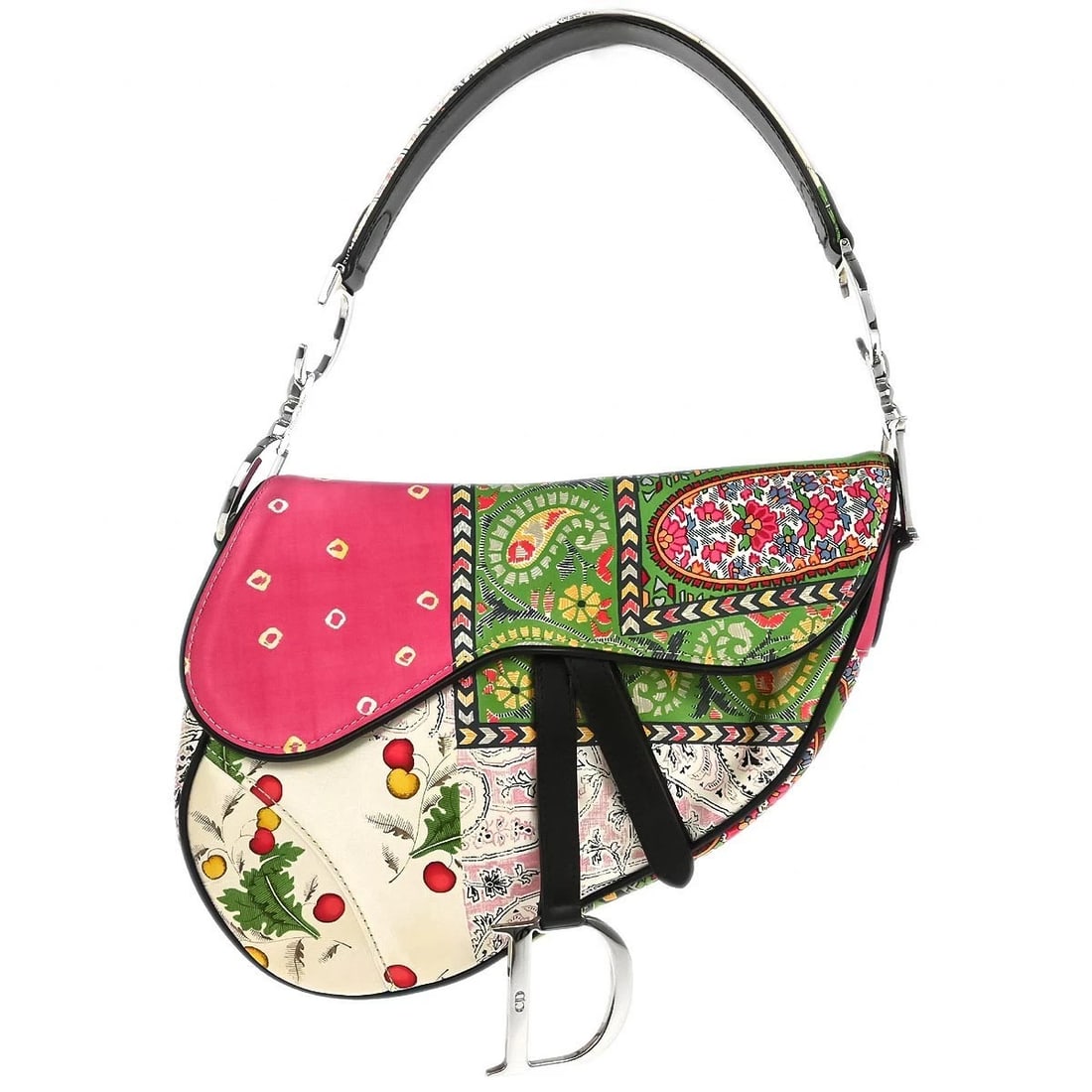 CHRISTIAN DIOR SATIN PAISLEY SADDLE HANDBAG: Christian Dior Satin Paisley Saddle Handbag Brand: Dior Type: Saddle Bag Material/Exterior Material: Satin, Leather Color/Exterior Color: Pink, Green, Brown Size: W 9.4 x H 7.5 x D 3.1 " Handle Dr