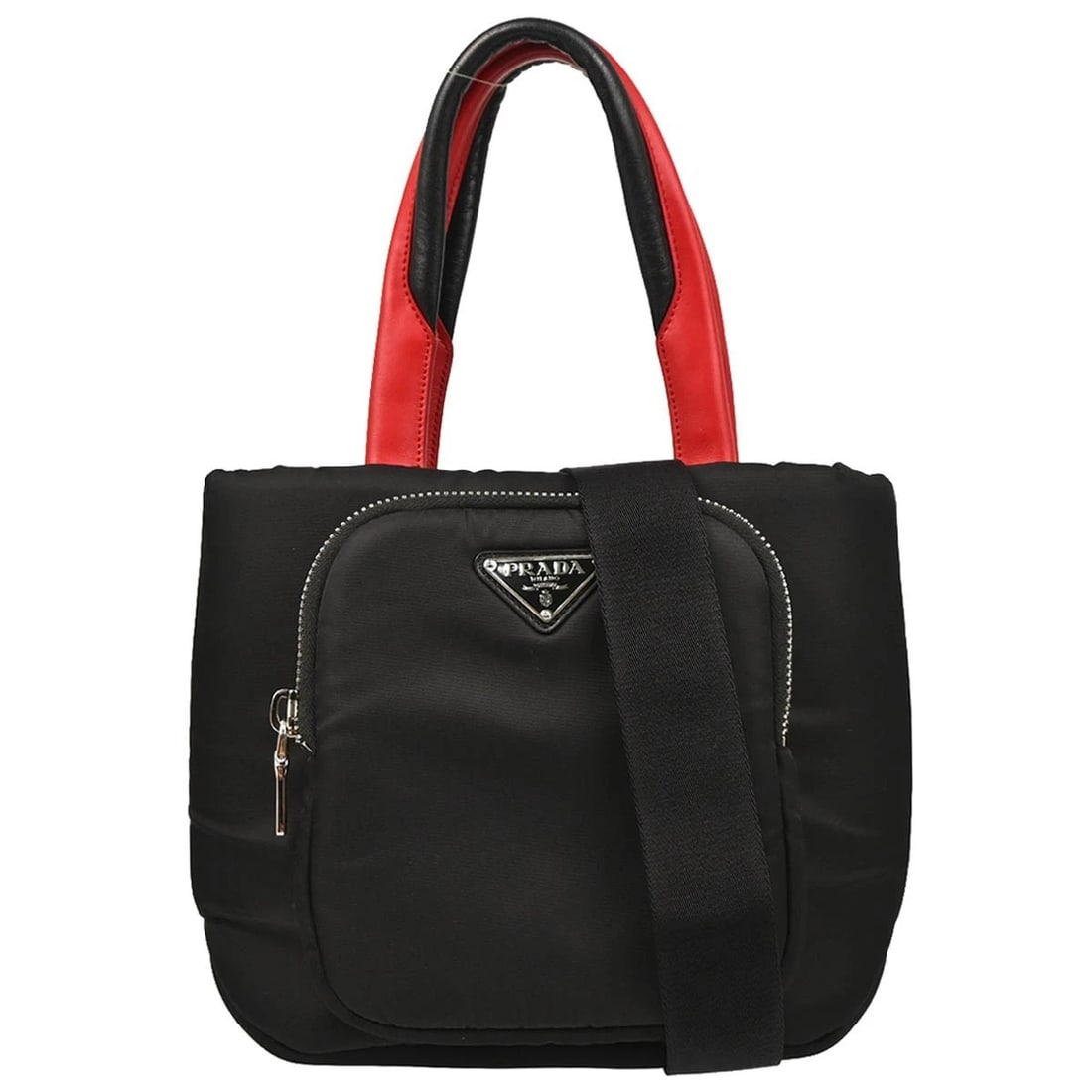 PRADA BLACK NYLON 2WAY HANDBAG: Prada Black Nylon 2way Handbag Brand: PRADA Type: Top Handle Bag Material/Exterior Material: Nylon Color/Exterior Color: Black, Red Size: W 9.4 x H 7.9 x D 3.5 " Handle Drop. 5.9 " Strap Drop. 11.