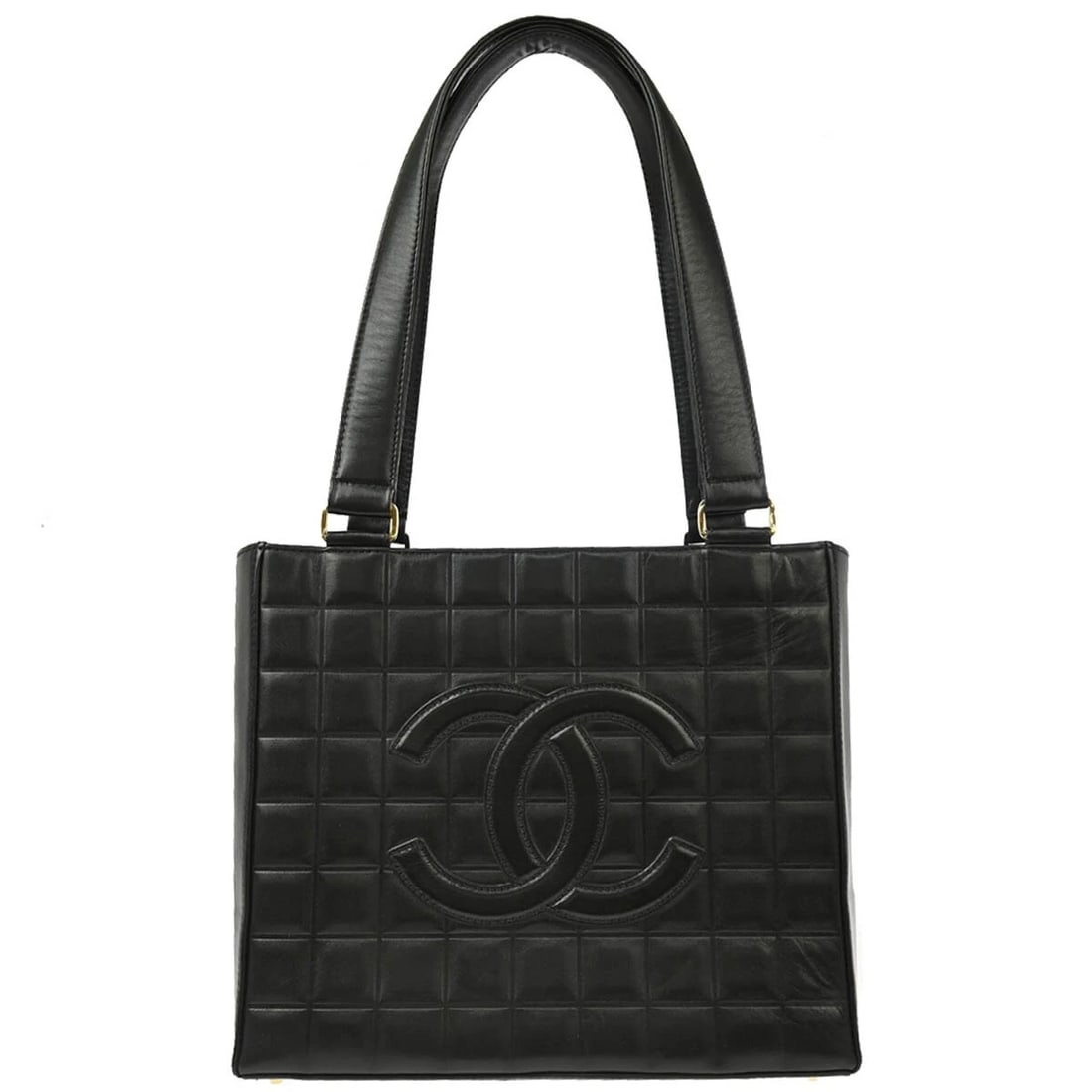 CHANEL BLACK LAMBSKIN CHOCO BAR HANDBAG: Chanel Black Lambskin Choco Bar Handbag Brand: CHANEL Type: Hand Bag Material/Exterior Material: Lambskin Color/Exterior Color: Black Size: W 9.8 x H 7.9 x D 3.1 " Handle Drop. 9.4 " 