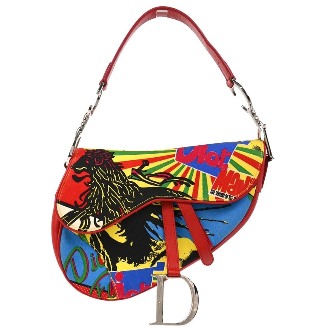 CHRISTIAN DIOR RED DIOR MANIA SADDLE HANDBAG: Christian Dior Red Dior Mania Saddle Handbag Brand: Dior Type: Saddle Bag Material/Exterior Material: Canvas, Leather Color/Exterior Color: Red, Blue, Yellow Size: W 9.4 x H 7.1 x D 2.0 "