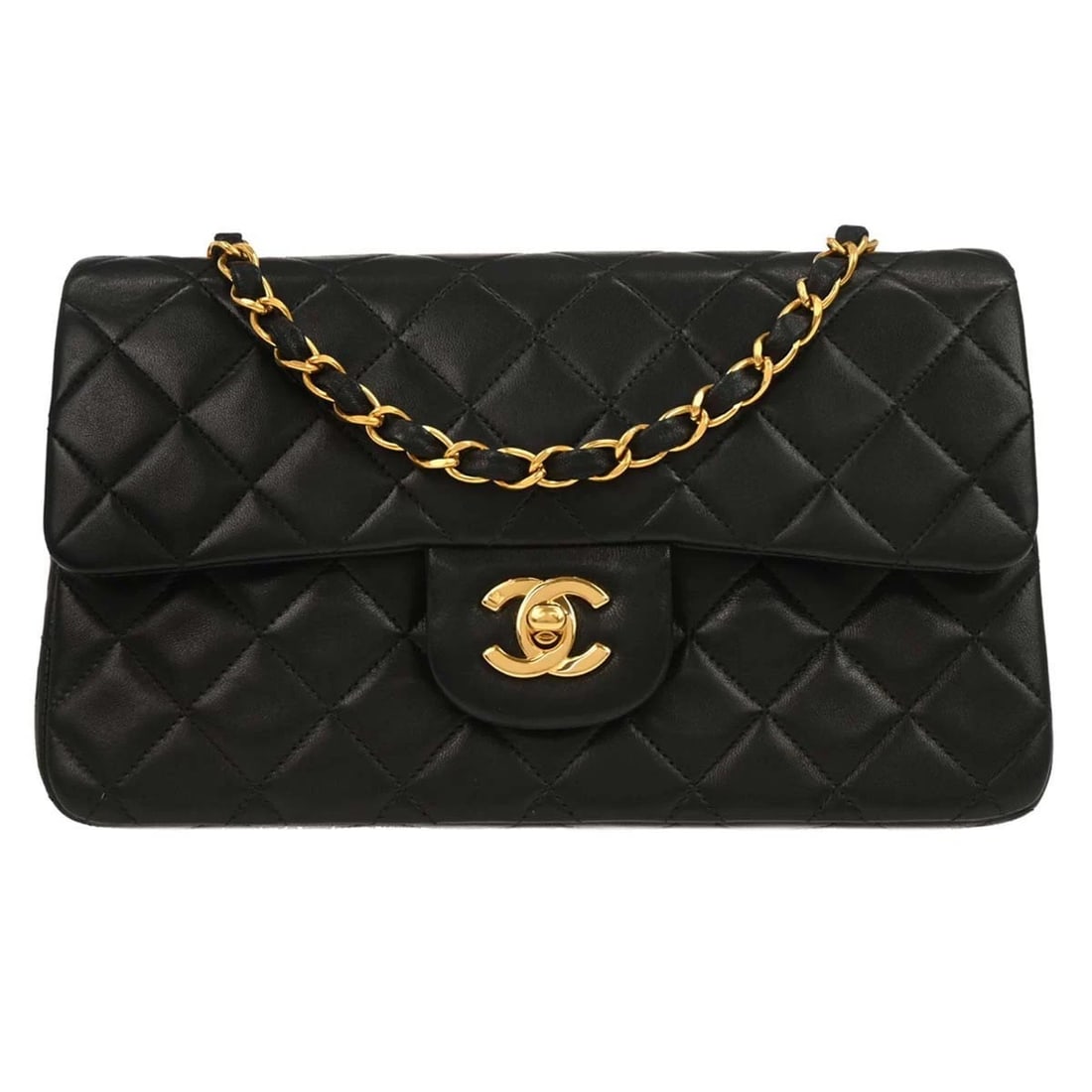 CHANEL BLACK LAMBSKIN SMALL CLASSIC DOUBLE FLAP SHOULDER BAG: Chanel Black Lambskin Small Classic Double Flap Shoulder Bag Brand: CHANEL Type: Shoulder Bag Material/Exterior Material: Lambskin Color/Exterior Color: Black Size: W 9.1 x H 5.5 x D 2.8 "