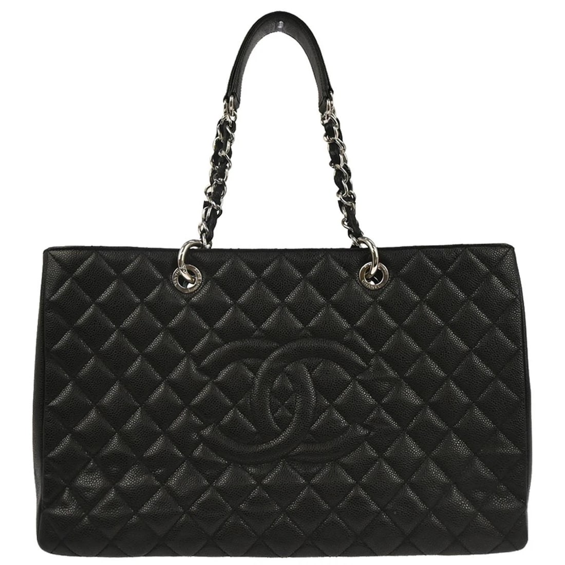 CHANEL BLACK CALFSKIN GRAND SHOPPING TOTE CHAIN HANDBAG: Chanel Black Calfskin Grand Shopping Tote Chain Handbag Brand: CHANEL Type: Tote Material/Exterior Material: Caviar skin leather Color/Exterior Color: Black Size: W 15.7 x H 9.8 x D 5.5 "