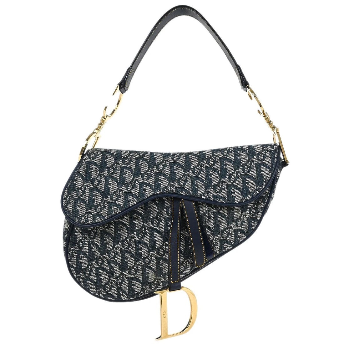 CHRISTIAN DIOR NAVY TROTTER SADDLE HANDBAG: Christian Dior Navy Trotter Saddle Handbag Brand: Dior Type: Saddle Bag Material/Exterior Material: Canvas, Leather Color/Exterior Color: Navy Size: W 9.4 x H 7.5 x D 3.1 " Handle Drop. 7.5 " 
