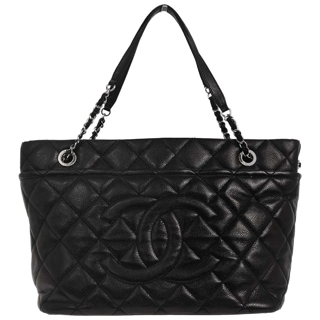 CHANEL BLACK CALFSKIN TOTE CHAIN HANDBAG: Chanel Black Calfskin Tote Chain Handbag Brand: CHANEL Type: Tote Material/Exterior Material: Caviar skin leather Color/Exterior Color: Black Size: W 12.2 x H 9.4 x D 6.3 " Handle Drop. 7.5 " 