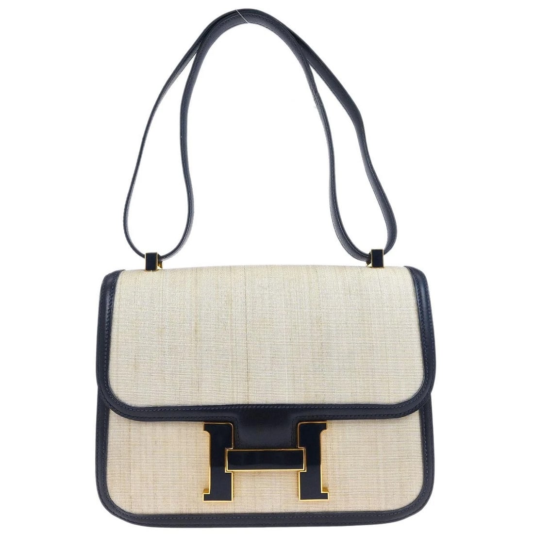HERMES NATURAL NAVY CRINOLINE BOX CALF CONSTANCE SHOULDER BAG: Hermes Natural Navy Crinoline Box Calf Constance Shoulder Bag Brand: HERMÈS Type: Shoulder Bag Material/Exterior Material: Crinoline, Box Calf Color/Exterior Color: Natural, Navy Size: W 9.1