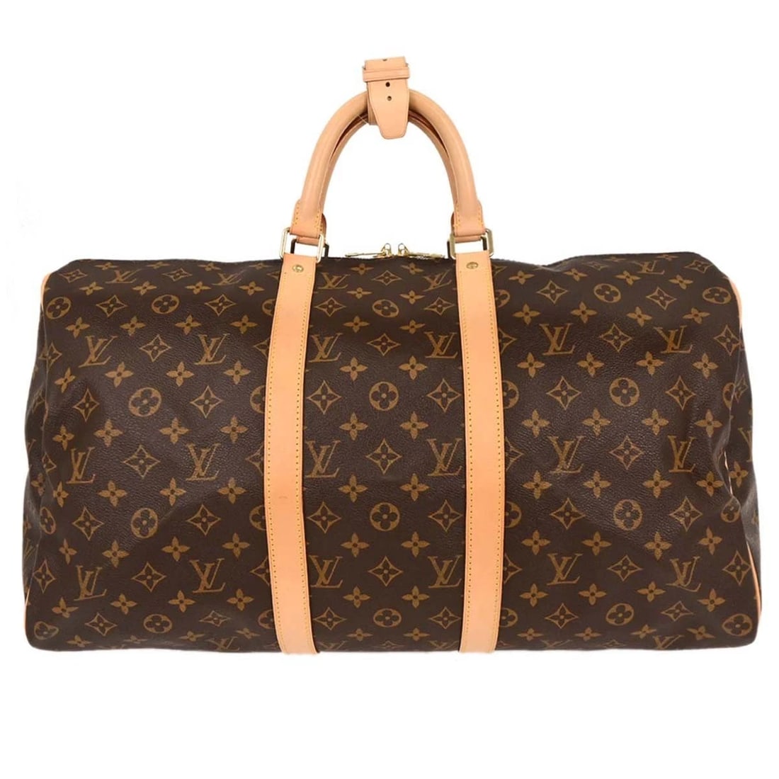 LOUIS VUITTON MONOGRAM KEEPALL DUFFLE TRAVEL HANDBAG: Louis Vuitton Monogram Keepall Duffle Travel Handbag Brand: Louis Vuitton Type: Duffle Material/Exterior Material: Monogram canvas, Leather Color/Exterior Color: Brown Size: W 19.7 x H 11.4 x D 8.