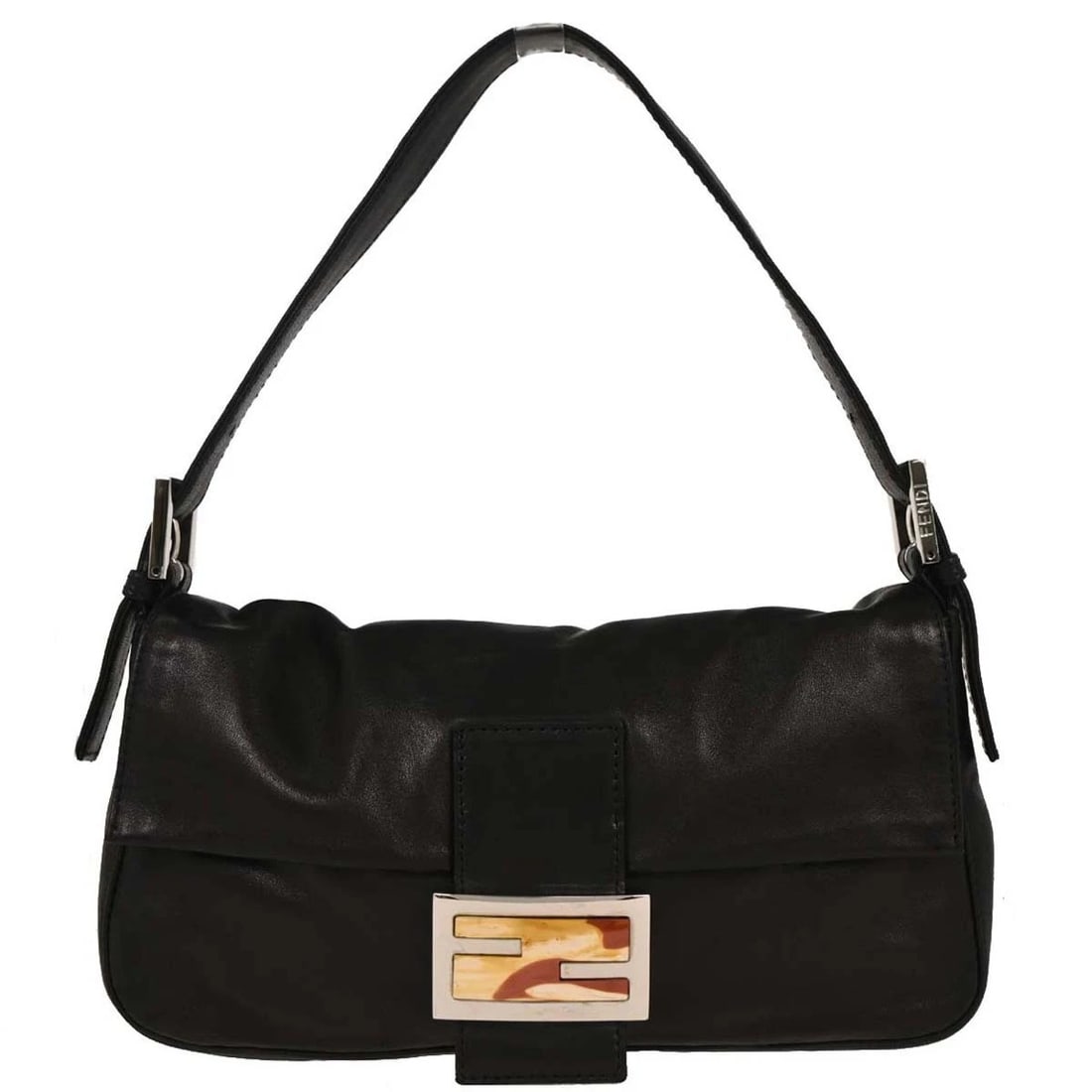 FENDI BLACK LEATHER BAGUETTE HANDBAG: Fendi Black Leather Baguette Handbag Brand: Fendi Type: Hand Bag Material/Exterior Material: Leather Color/Exterior Color: Black Size: W 9.8 x H 5.1 x D 1.6 " Strap Drop. 4.7 - 6.3 " Accessories: