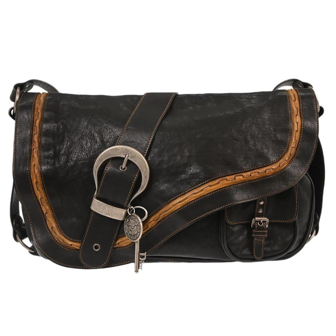 CHRISTIAN DIOR BLACK GAUCHO CROSSBODY BAG: Christian Dior Black Gaucho Crossbody Bag Brand: Dior Type: Saddle Bag Material/Exterior Material: Leather Color/Exterior Color: Black, Brown Size: W 15.7 x H 10.6 x D 4.3 " Strap Drop. 18.1 - 20.