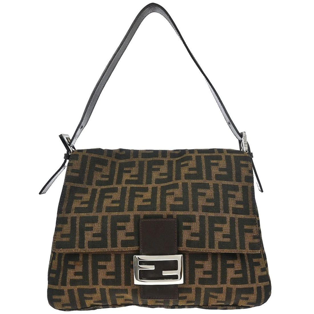 FENDI BROWN CANVAS ZUCCA MAMMA BAGUETTE HANDBAG: Fendi Brown Canvas Zucca Mamma Baguette Handbag Brand: Fendi Type: Hand Bag Material/Exterior Material: Canvas, Leather Color/Exterior Color: Brown, Black Size: W 11.0 x H 7.9 x D 4.7 " Strap Drop