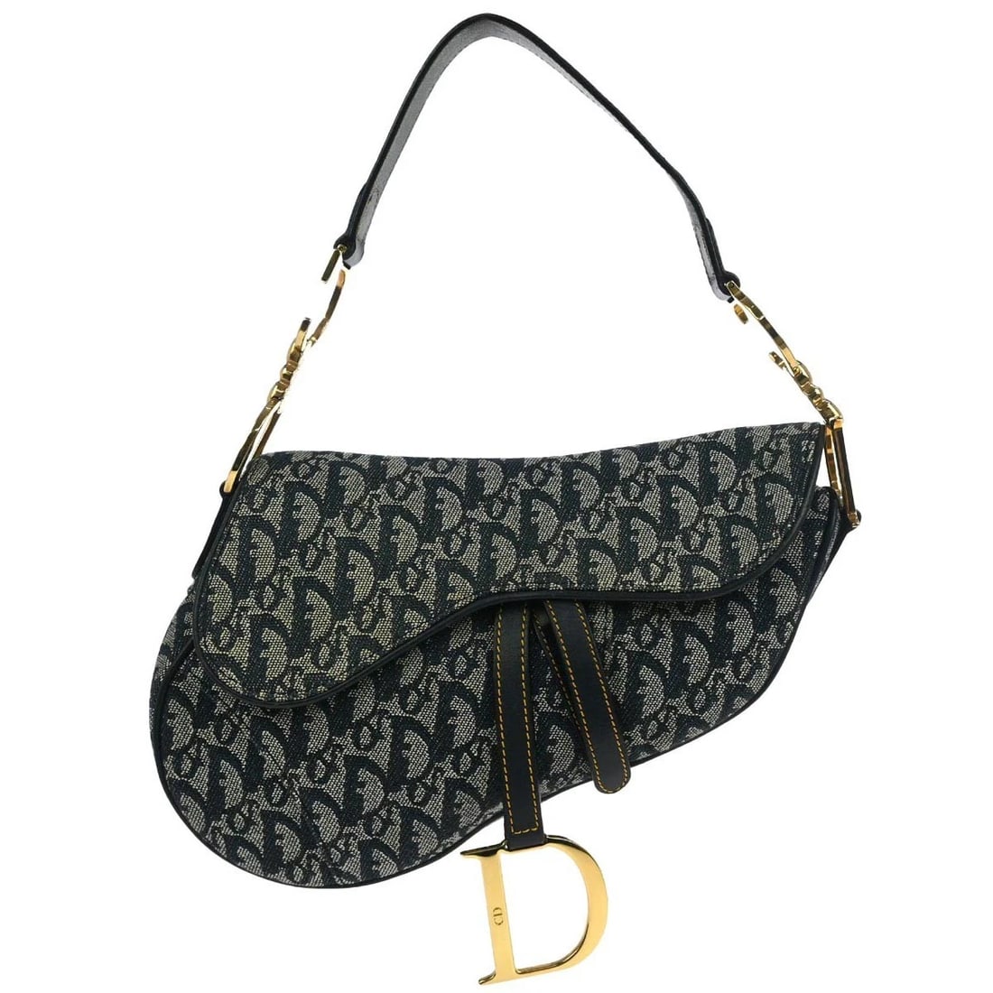 CHRISTIAN DIOR NAVY TROTTER SADDLE HANDBAG: Christian Dior Navy Trotter Saddle Handbag Brand: Dior Type: Saddle Bag Material/Exterior Material: Canvas, Leather Color/Exterior Color: Navy Size: W 9.4 x H 7.5 x D 3.1 " Handle Drop. 7.5 " Acc