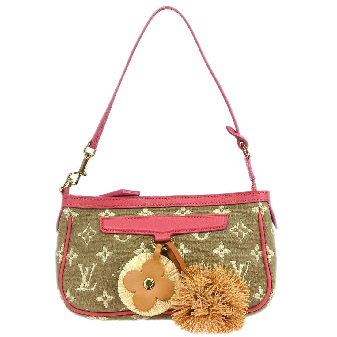 LOUIS VUITTON MONOGRAM SABBIA POCHETTE ACCESSOIRES HANDBAG: Louis Vuitton Monogram Sabbia Pochette Accessoires Handbag Brand: Louis Vuitton Type: Hand Bag Material/Exterior Material: Monogram Sabbia Canvas, Leather Color/Exterior Color: Beige, Pink Size: W