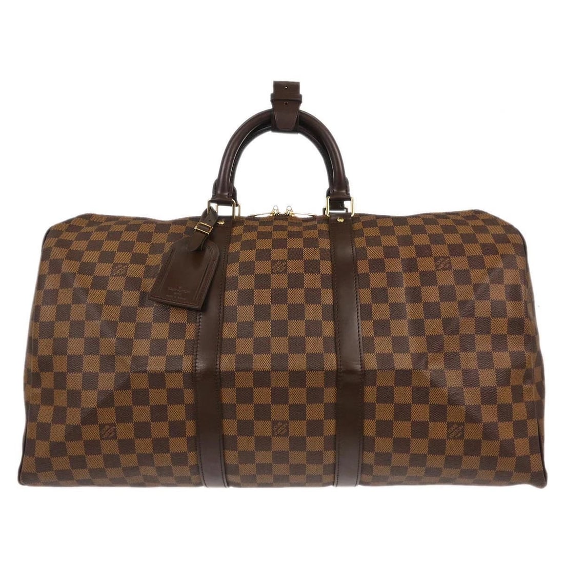 LOUIS VUITTON DAMIER KEEPALL 50 TRAVEL DUFFLE HANDBAG: Louis Vuitton Damier Keepall 50 Travel Duffle Handbag Brand: Louis Vuitton Type: Duffle Material/Exterior Material: Damier canvas, Leather Color/Exterior Color: Ebene*Brown Size: W 19.7 x H 11.4 x