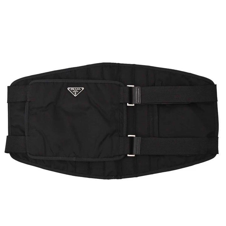 PRADA BLACK NYLON CORSET WAIST BELT BAG: Prada Black Nylon Corset Waist Belt Bag Brand: PRADA Type: Belt Bag & Fanny Pack Material/Exterior Material: Nylon, Leather / TESSUTO TRAVEL Color/Exterior Color: Black / NERO Size: W 19.3 x H