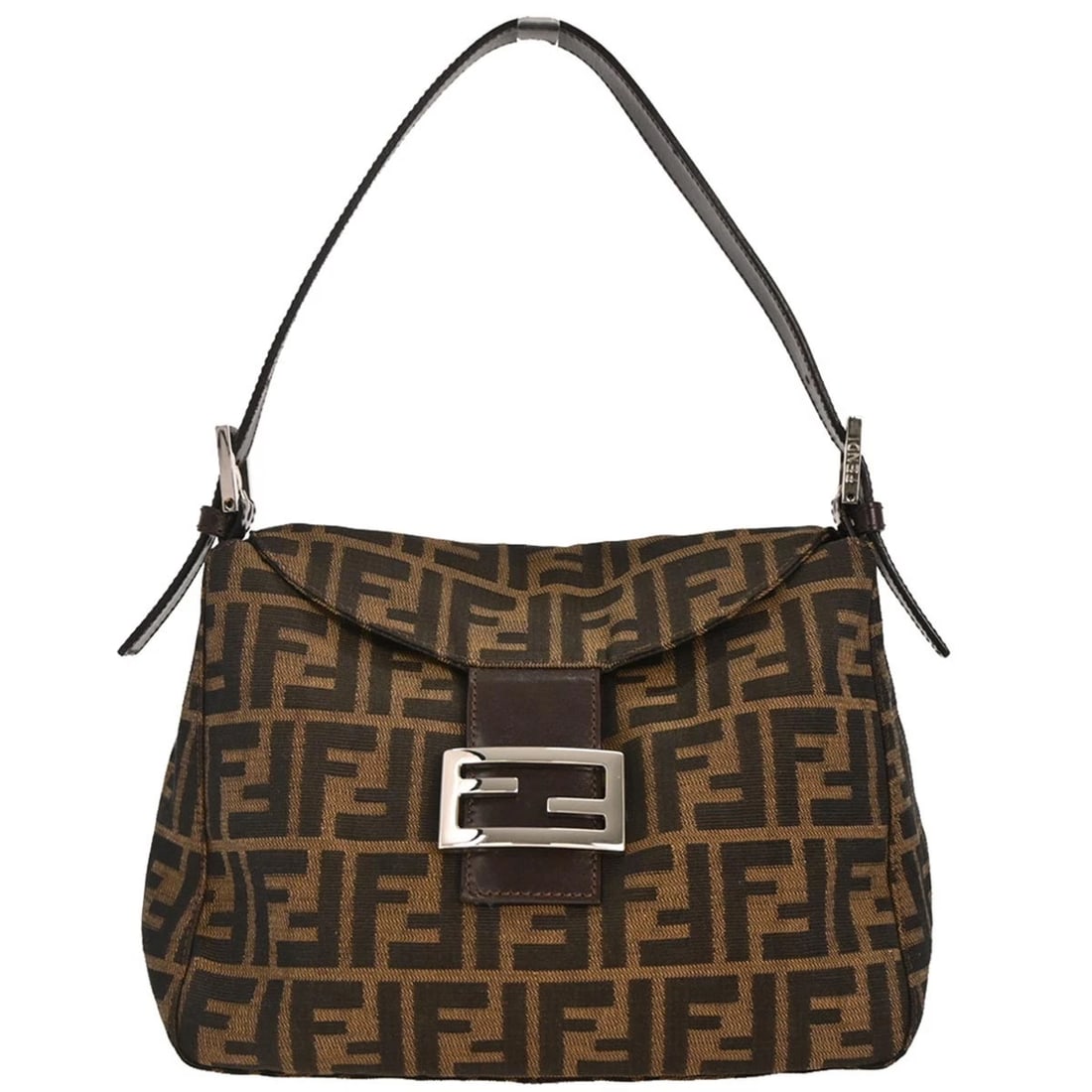 FENDI BROWN CANVAS ZUCCA HANDBAG: Fendi Brown Canvas Zucca Handbag Brand: Fendi Type: Hand Bag Material/Exterior Material: Canvas, Leather Color/Exterior Color: Brown, Black Size: W 9.4 x H 7.1 x D 5.1 " Handle Drop. 5.5 - 7.1