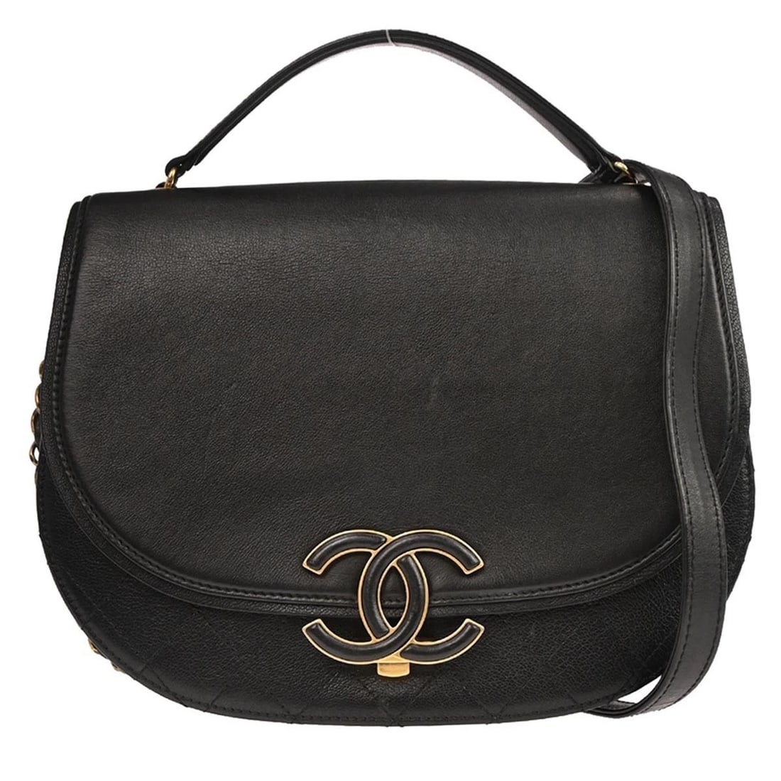 CHANEL BLACK CALFSKIN COCO CURVE 2WAY SHOULDER HANDBAG: Chanel Black Calfskin Coco Curve 2way Shoulder Handbag Brand: CHANEL Type: Top Handle Bag Material/Exterior Material: Calfskin Color/Exterior Color: Black Size: W 9.1 x H 7.1 x D 3.1 " Handle