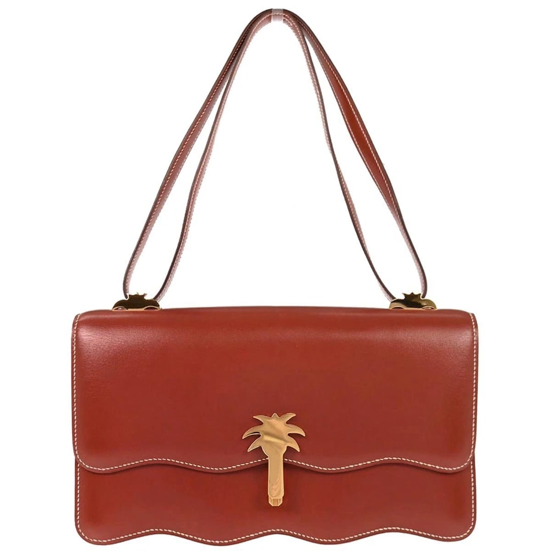 HERMES BRICK BOX CALF PALM ANGELS SHOULDER BAG: Hermes Brick Box Calf Palm Angels Shoulder Bag Brand: HERMÈS Type: Shoulder Bag Material/Exterior Material: Box Calf Color/Exterior Color: Brick Size: W 10.2 x H 5.9 x D 2.0 " Strap Drop.(Single)