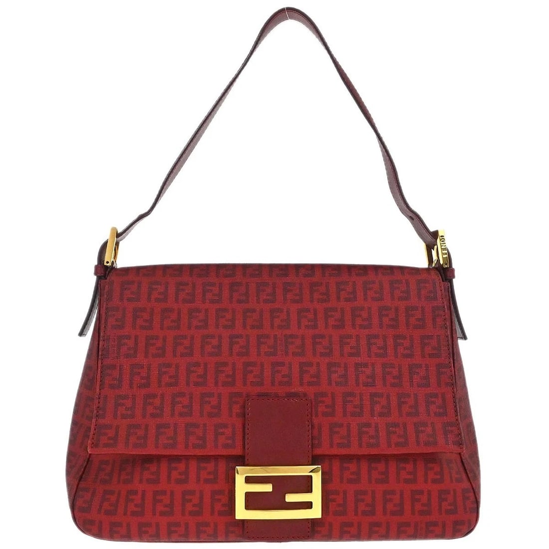 FENDI RED PVC ZUCCHINO MAMMA BAGUETTE HANDBAG: Fendi Red PVC Zucchino Mamma Baguette Handbag Brand: Fendi Type: Hand Bag Material/Exterior Material: PVC, Leather Color/Exterior Color: Red Size: W 11.0 x H 7.5 x D 3.9 " Handle Drop. 5.1 - 7.1 "