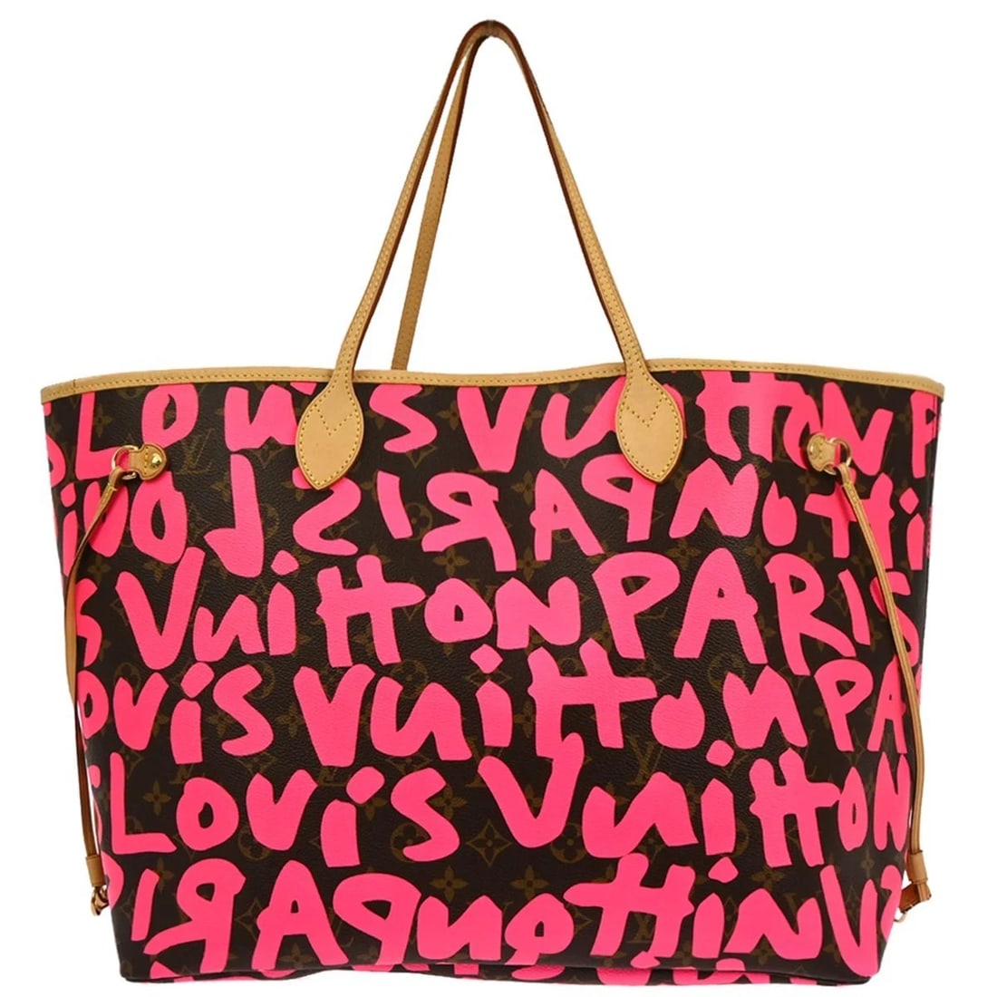 LOUIS VUITTON PINK MONOGRAM GRAFFITI NEVERFULL GM TOTE BAG: Louis Vuitton Pink Monogram Graffiti Neverfull GM Tote Bag Brand: Louis Vuitton Type: Tote Material/Exterior Material: Monogram Graffiti Canvas, Leather Color/Exterior Color: Fuchsia * Pink, Brown