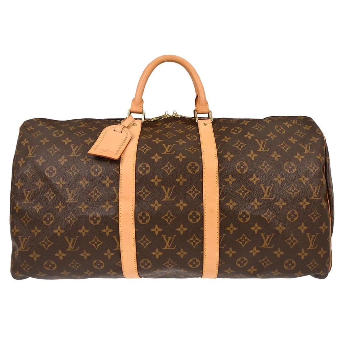 LOUIS VUITTON MONOGRAM KEEPALL TRAVEL HANDBAG: Louis Vuitton Monogram Keepall Travel Handbag Brand: Louis Vuitton Type: Duffle Material/Exterior Material: Monogram canvas, Leather Color/Exterior Color: Brown Size: W 21.7 x H 11.8 x D 9.8 " Han