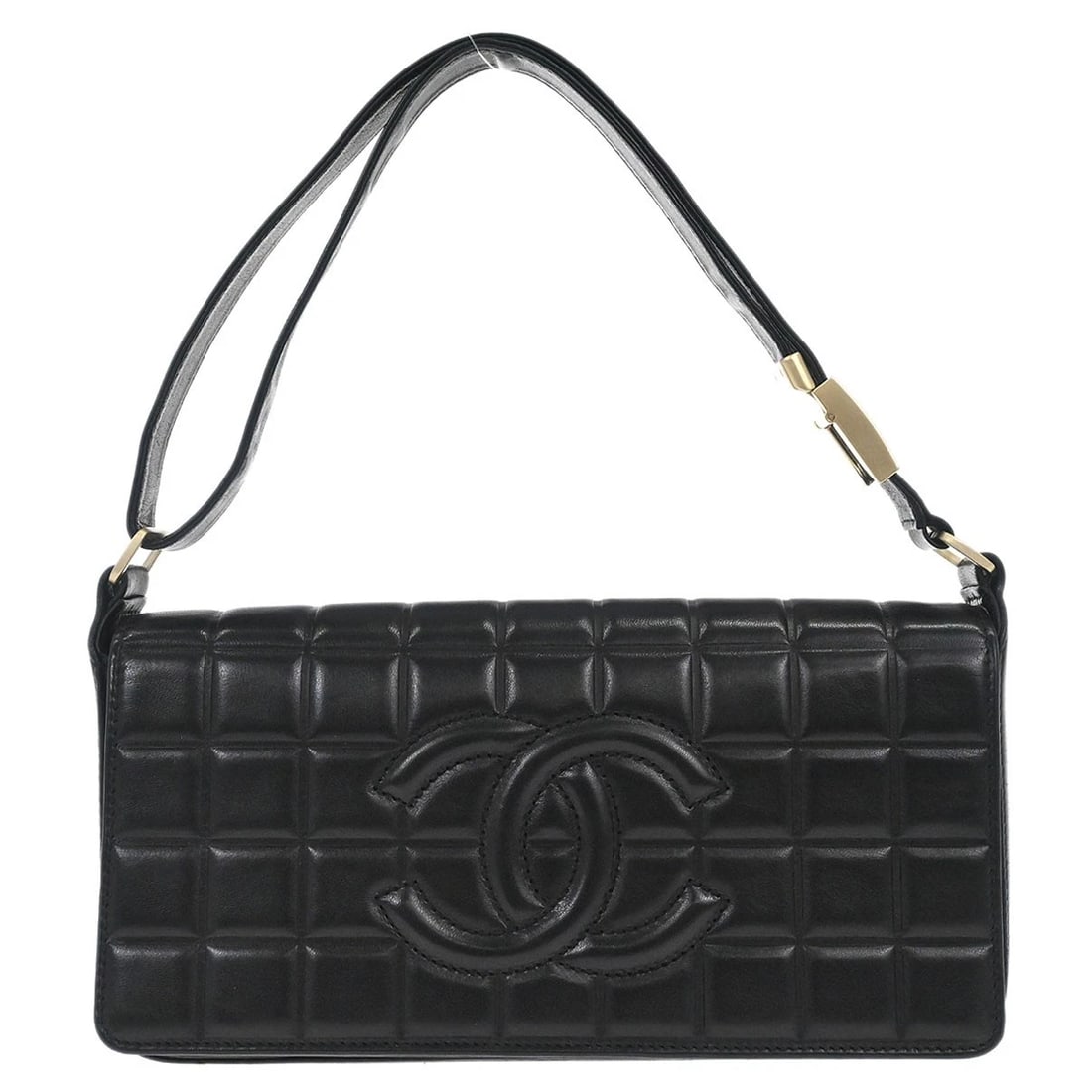CHANEL BLACK LAMBSKIN CHOCO BAR SHOULDER BAG: Chanel Black Lambskin Choco Bar Shoulder Bag Brand: CHANEL Type: Shoulder Bag Material/Exterior Material: Lambskin Color/Exterior Color: Black Size: W 9.8 x H 5.1 x D 1.6 " Strap Drop. 5.9 -