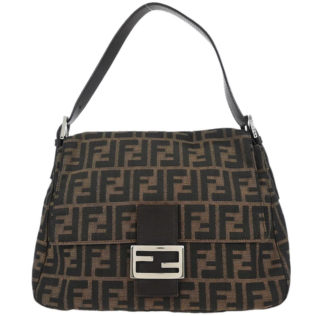 FENDI BROWN CANVAS ZUCCA MAMMA BAGUETTE HANDBAG: Fendi Brown Canvas Zucca Mamma Baguette Handbag Brand: Fendi Type: Hand Bag Material/Exterior Material: Canvas, Leather Color/Exterior Color: Brown, Black Size: W 11.0 x H 7.9 x D 4.7 " Strap