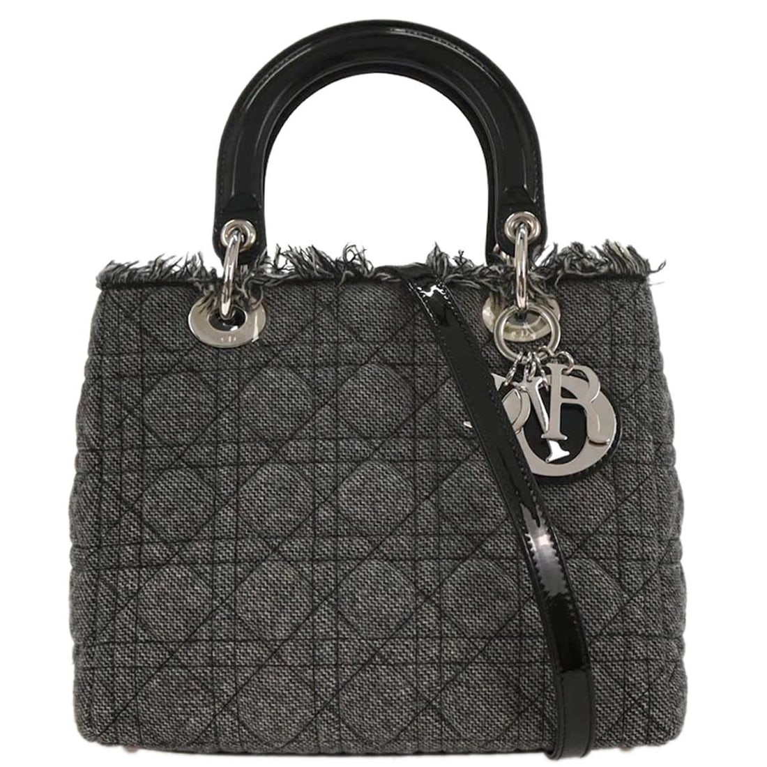 CHRISTIAN DIOR GRAY COTTON LADY DIOR CANNAGE 2WAY HANDBAG: Christian Dior Gray Cotton Lady Dior Cannage 2way Handbag Brand: Dior Type: Satchel/Top Handle Bag Material/Exterior Material: Cotton, Patent leather Color/Exterior Color: Gray, Black Size: W 9.8