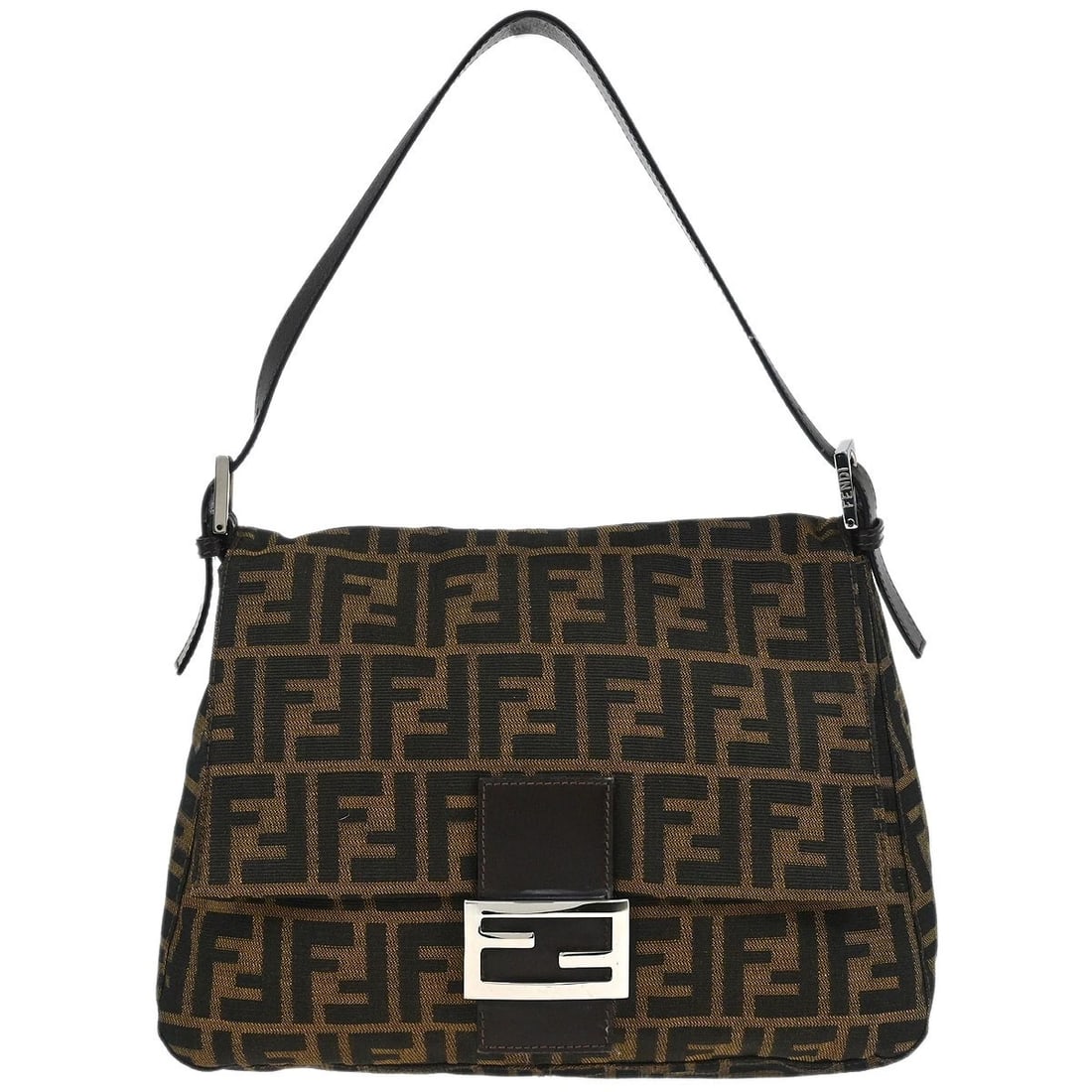 FENDI BROWN CANVAS ZUCCA MAMMA BAGUETTE HANDBAG: Fendi Brown Canvas Zucca Mamma Baguette Handbag Brand: Fendi Type: Hand Bag Material/Exterior Material: Canvas, Leather Color/Exterior Color: Brown, Black Size: W 11.0 x H 7.9 x D 4.7 " Strap