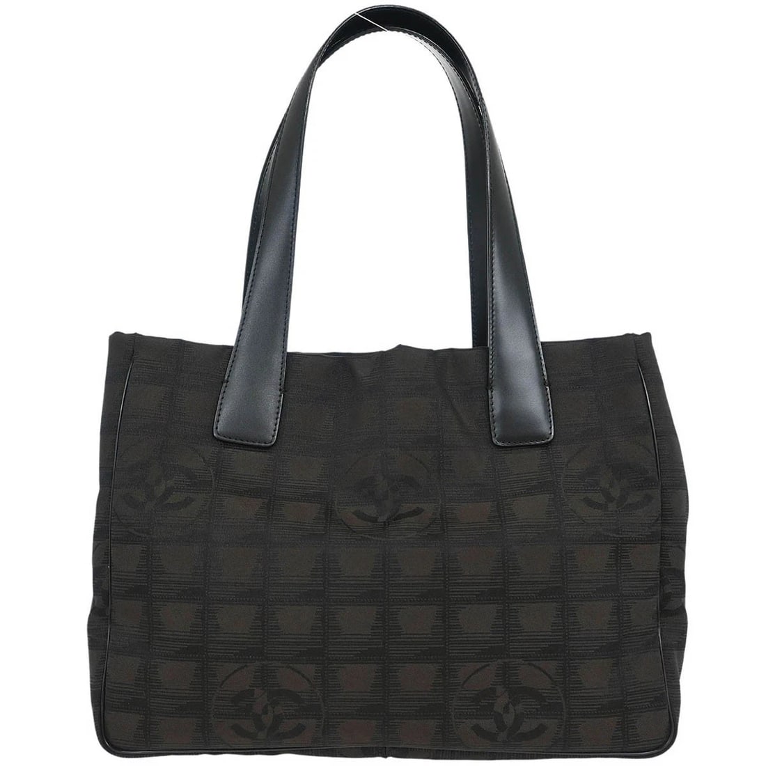 CHANEL BROWN JACQUARD NYLON TRAVEL LINE TOTE HANDBAG: Chanel Brown Jacquard Nylon Travel Line Tote Handbag Brand: CHANEL Type: Tote Material/Exterior Material: Jacquard Nylon, Leather Color/Exterior Color: Jacquard Nylon, Leather Size: W 11.4 x H