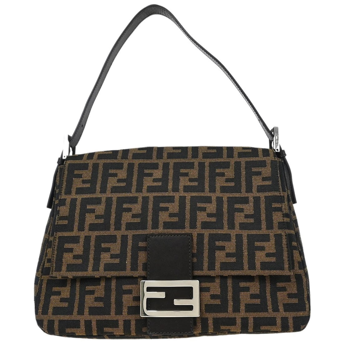 FENDI BROWN CANVAS ZUCCA MAMMA BAGUETTE HANDBAG: Fendi Brown Canvas Zucca Mamma Baguette Handbag Brand: Fendi Type: Hand Bag Material/Exterior Material: Canvas, Leather Color/Exterior Color: Brown, Black Size: W 11.0 x H 7.9 x D 4.7 " Strap