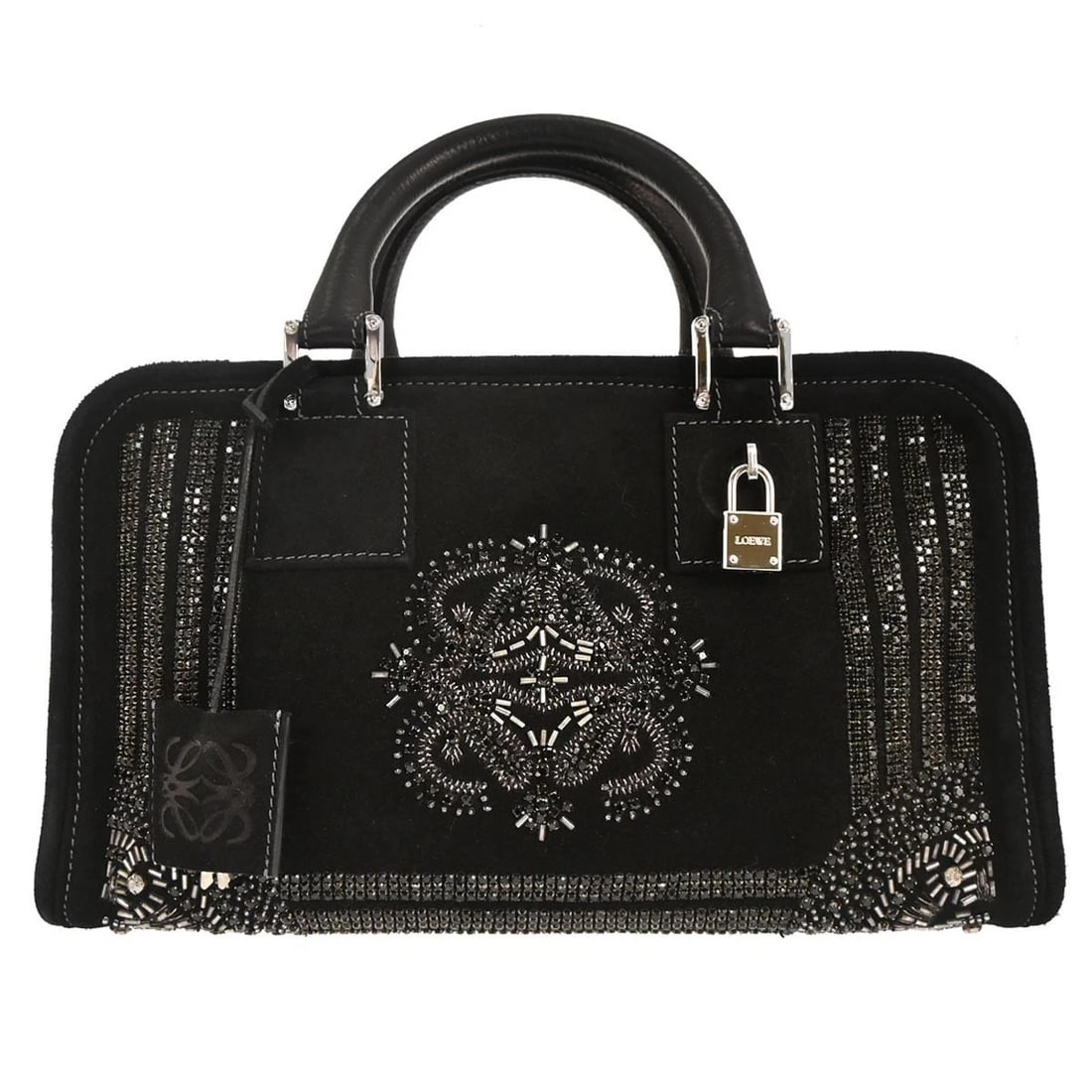 LOEWE BLACK SUEDE RHINESTONE AMAZONA HANDBAG: Loewe Black Suede Rhinestone Amazona Handbag Brand: Loewe Type: Top Handle Bag Material/Exterior Material: Suede, Leather, Rhinestone Color/Exterior Color: Black Size: W 11.4 x H 6.3 x D 5.1 "