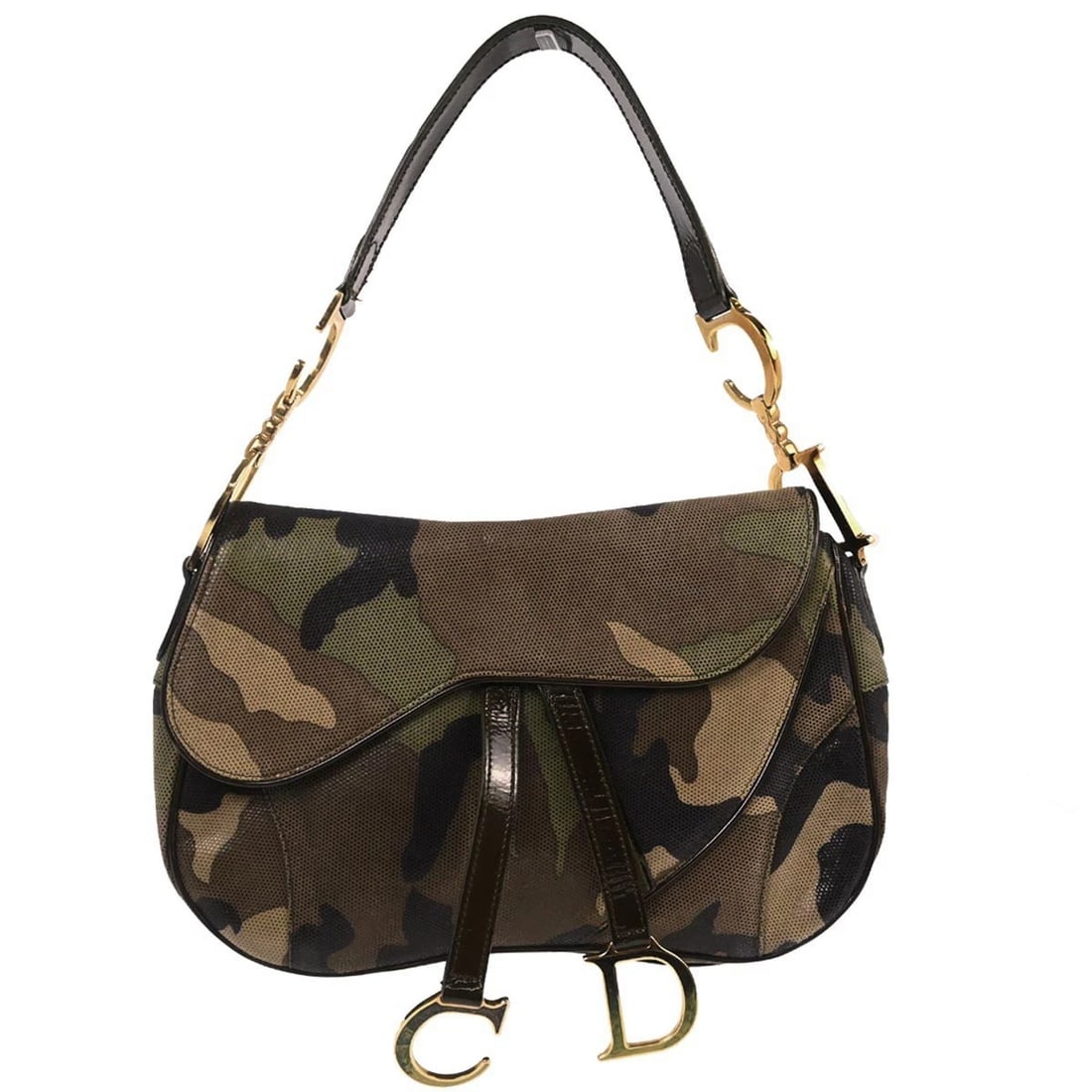 CHRISTIAN DIOR GREEN CAMOUFLAGE DOUBLE SADDLE HANDBAG: Christian Dior Green Camouflage Double Saddle Handbag Brand: Dior Type: Saddle Bag Material/Exterior Material: Coated Canvas, Patent leather Color/Exterior Color: Green, Brown Size: W 11.4 x H