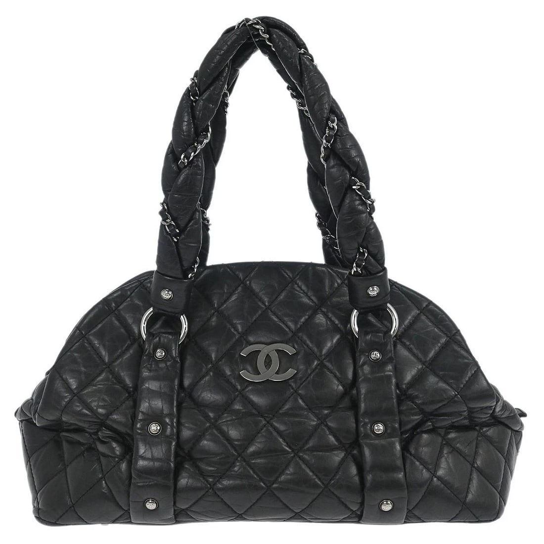 CHANEL BLACK CALFSKIN LADY BRAID BOWLER BAG HANDBAG: Chanel Black Calfskin Lady Braid Bowler Bag Handbag Brand: CHANEL Type: Top Handle Bag Material/Exterior Material: Calfskin Color/Exterior Color: Black Size: W 12.6 x H 7.9 x D 7.5 " Handle Drop.