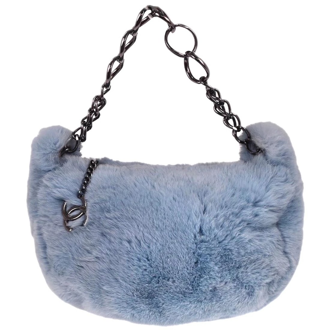 CHANEL BLUE LAPIN FUR HANDBAG: Chanel Blue Lapin Fur Handbag Brand: CHANEL Type: Hand Bag Material/Exterior Material: Lapin Fur Color/Exterior Color: Blue Size: W 9.8 x H 5.9 x D 3.1 " Handle Drop. 5.5 " Accessories: None <