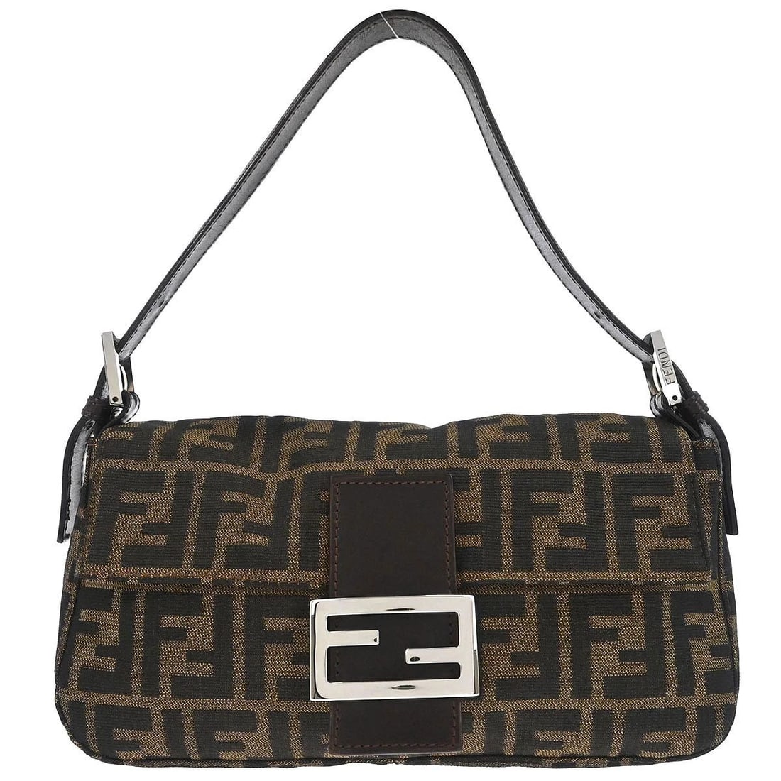 FENDI BROWN ZUCCA BAGUETTE HANDBAG: Fendi Brown Zucca Baguette Handbag Brand: Fendi Type: Hand Bag Material/Exterior Material: Canvas, Leather Color/Exterior Color: Brown, Black Size: W 9.8 x H 5.5 x D 1.6 " Strap Drop. 5.5 - 7.1 "