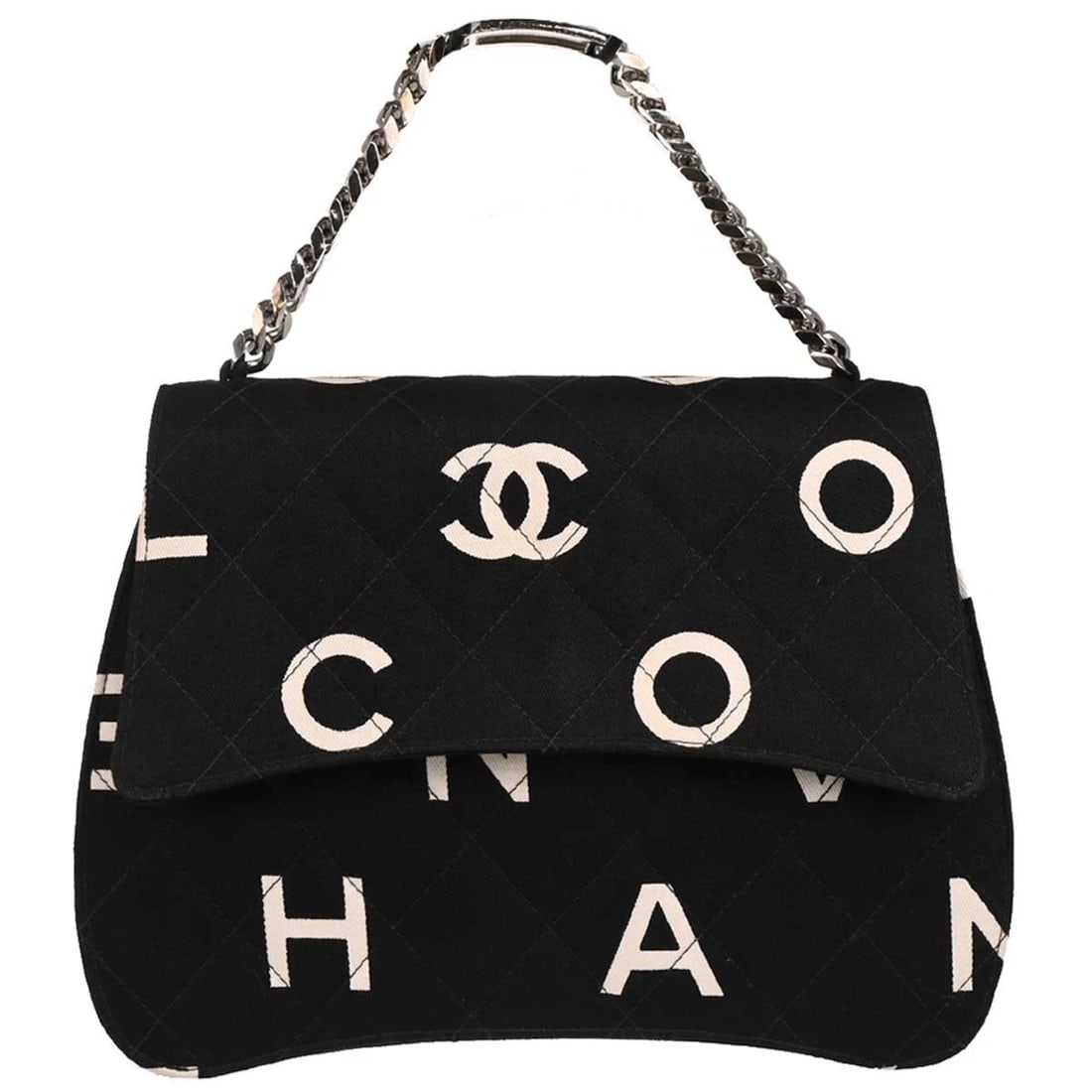 CHANEL BLACK CANVAS CHAIN HANDBAG: Chanel Black Canvas Chain Handbag Brand: CHANEL Type: Tote Material/Exterior Material: Canvas Color/Exterior Color: Black Size: W 9.4 x H 7.1 x D 2.4 " Handle Drop. 3.5 " Accessories: None