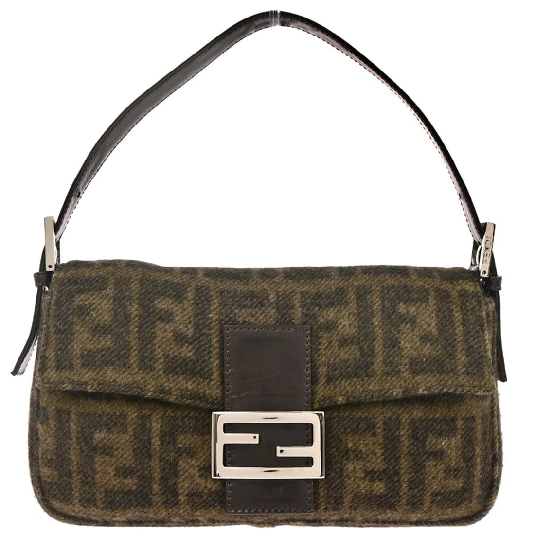 FENDI BROWN CASHMERE ZUCCA BAGUETTE HANDBAG: Fendi Brown Cashmere Zucca Baguette Handbag Brand: Fendi Type: Hand Bag Material/Exterior Material: Cashmere, Leather Color/Exterior Color: Brown Size: W 9.8 x H 5.1 x D 1.6 " Handle Drop. 4.3 - 6