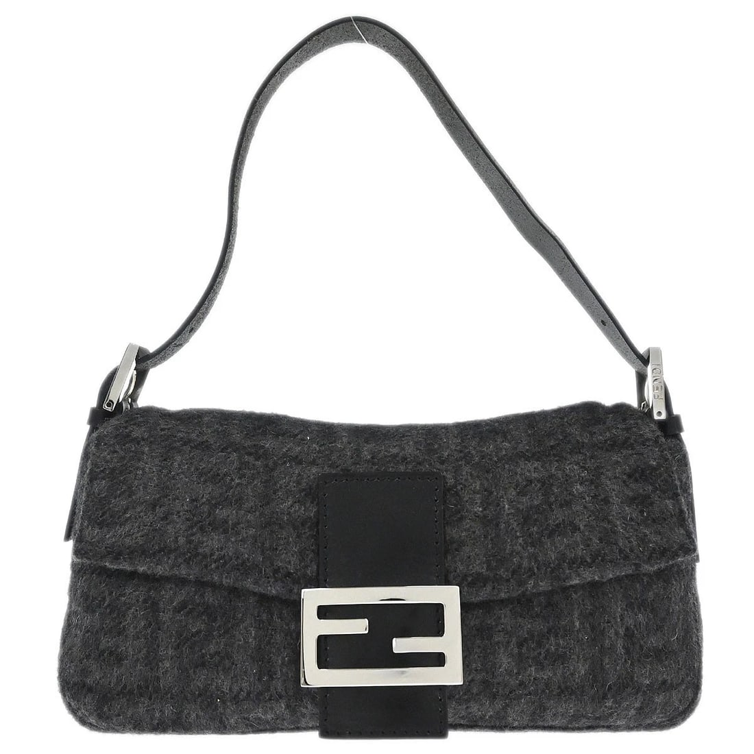 FENDI GRAY WOOL ZUCCA BAGUETTE HANDBAG: Fendi Gray Wool Zucca Baguette Handbag Brand: Fendi Type: Hand Bag Material/Exterior Material: Wool, Leather Color/Exterior Color: Gray Size: W 9.8 x H 5.5 x D 1.6 " Strap Drop. 5.5 - 7.1 " Acces