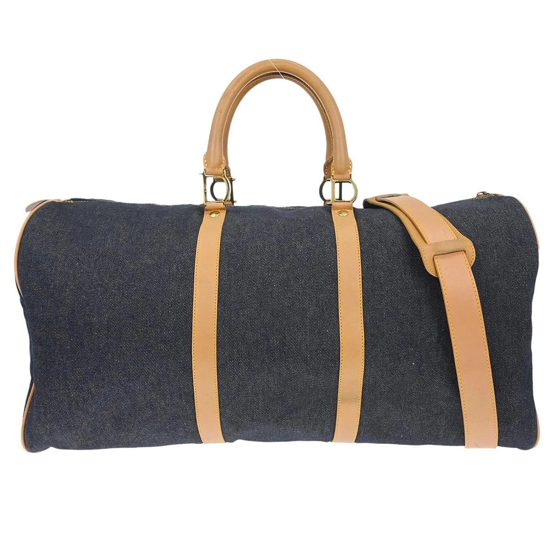 CHRISTIAN DIOR NAVY BEIGE DENIM DUFFLE BAG: Christian Dior Navy Beige Denim Duffle Bag Brand: Dior Type: Duffle Material/Exterior Material: Denim, Leather Color/Exterior Color: Navy, Beige Size: W 20.5 x H 10.6 x D 8.7 " Handle Drop. 5.9 "