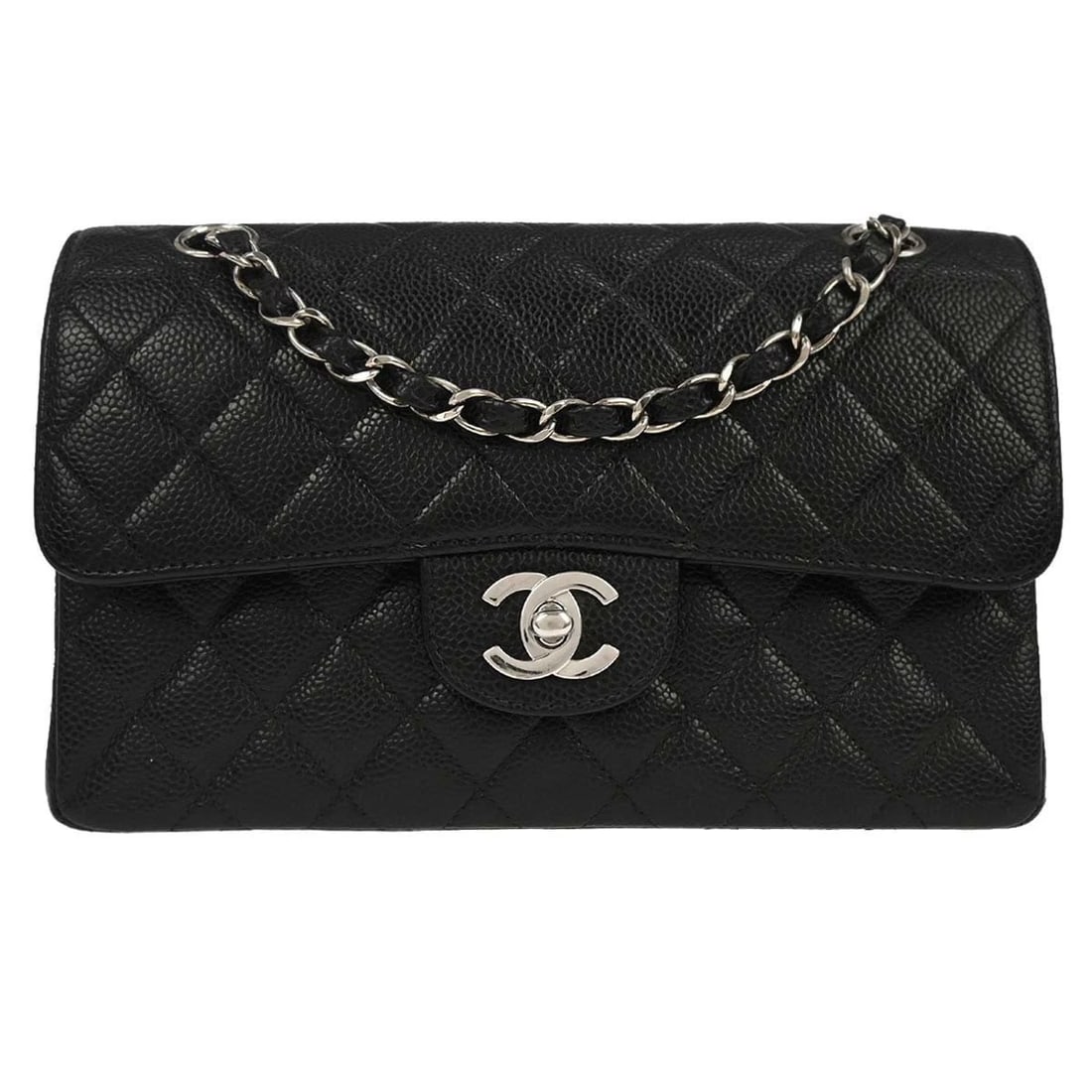 CHANEL BLACK CALFSKIN SMALL CLASSIC DOUBLE FLAP SHOULDER BAG: Chanel Black Calfskin Small Classic Double Flap Shoulder Bag Brand: CHANEL Type: Shoulder Bag Material/Exterior Material: Caviar skin Leather Color/Exterior Color: Black Size: W 9.1 x H 5.5 x D 2.