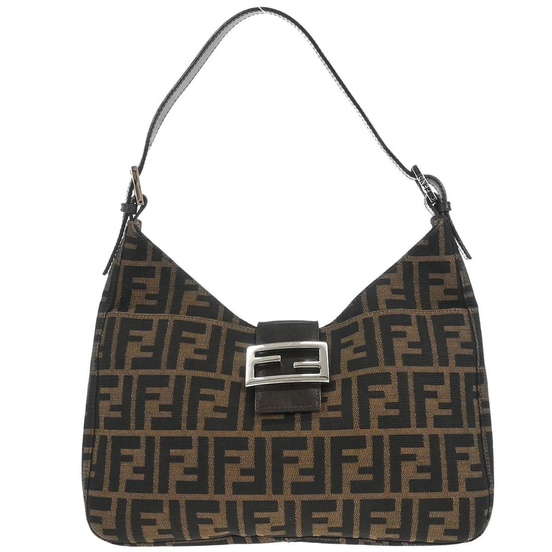 FENDI BROWN CANVAS ZUCCA HANDBAG: Fendi Brown Canvas Zucca Handbag Brand: Fendi Type: Hand Bag Material/Exterior Material: Canvas, Leather Color/Exterior Color: Brown, Black Size: W 11.0 x H 6.7 x D 1.6 " Handle Drop. 7.1 - 9.4 "