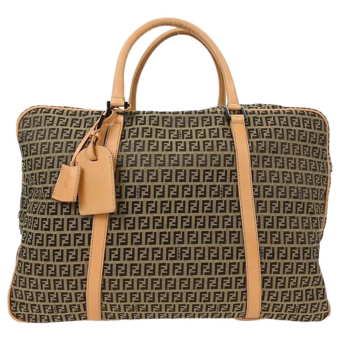 FENDI BEIGE BROWN ZUCCHINO TRAVEL HANDBAG: Fendi Beige Brown Zucchino Travel Handbag Brand: Fendi Type: Hand Bag Material/Exterior Material: Canvas, Leather Color/Exterior Color: Beige, Brown Size: W 19.3 x H 13.4 x D 6.7 " Handle Drop. 6.