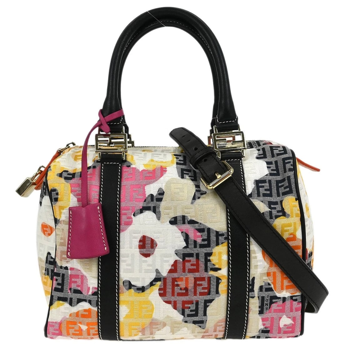 FENDI BLACK CANVAS ZUCCHINO FLORAL FOREVER HANDBAG: Fendi Black Canvas Zucchino Floral Forever Handbag Brand: Fendi Type: Duffle Material/Exterior Material: Canvas, Leather Color/Exterior Color: Black, White Size: W 9.4 x H 7.1 x D 5.5 " Handle Dro