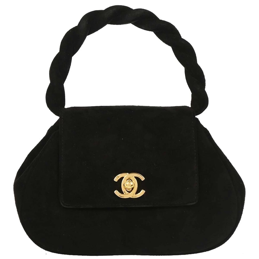 CHANEL BLACK SUEDE HANDBAG: Chanel Black Suede Handbag Brand: CHANEL Type: Top Handle Bag Material/Exterior Material: Suede Color/Exterior Color: Black Size: W 7.1 x H 5.1 x D 2.8 " Handle Drop. 2.8 " Accessories: None <