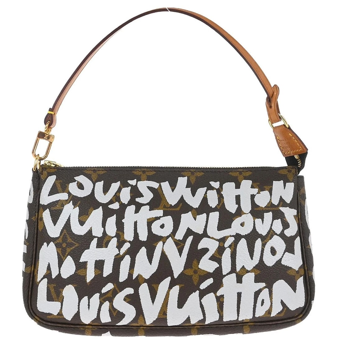 LOUIS VUITTON WHITE GRAFFITI POCHETTE ACCESSOIRES HANDBAG: Louis Vuitton White Graffiti Pochette Accessoires Handbag Brand: Louis Vuitton Type: Top Handle Bag Material/Exterior Material: Monogram Graffiti Canvas, Leather Color/Exterior Color: White, Brown