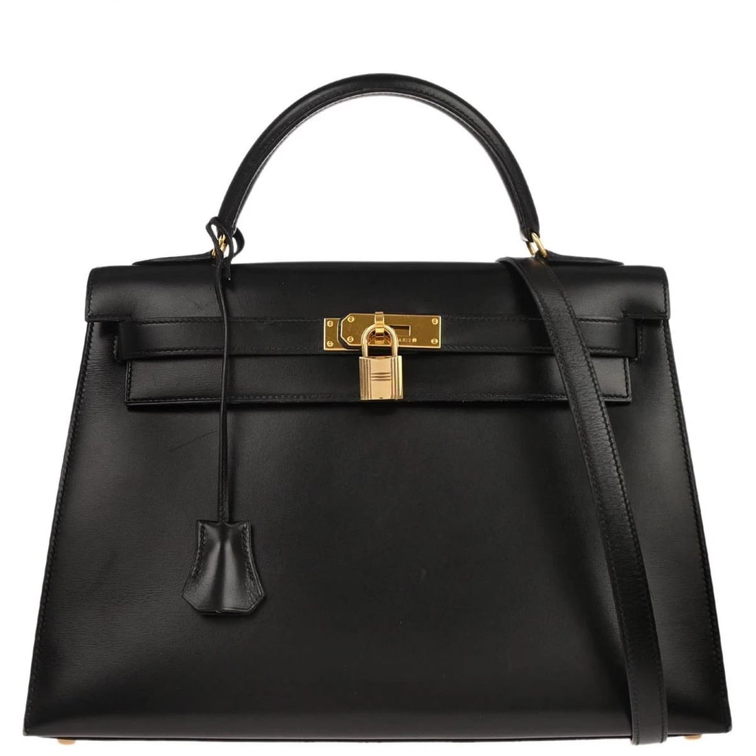 HERMES BLACK BOX CALF KELLY 2WAY HANDBAG: Hermes Black Box Calf Kelly 2way Handbag Brand: HERMÈS Type: Top Handle Bag Material/Exterior Material: Box calf Color/Exterior Color: Black Size: W 13.0 x H 9.4 x D 4.7 " Handle Drop. 3.5 " Stra