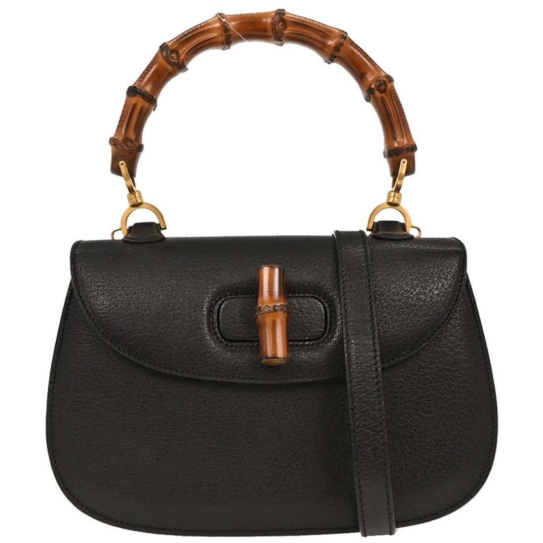 GUCCI BLACK PIGSKIN BAMBOO 2WAY HANDBAG: Gucci Black Pigskin Bamboo 2way Handbag Brand: Gucci Type: Top Handle Bag Material/Exterior Material: Pigskin, Bamboo Color/Exterior Color: Black Size: W 10.6 x H 7.1 x D 3.1 " Handle Drop. 4.7 "
